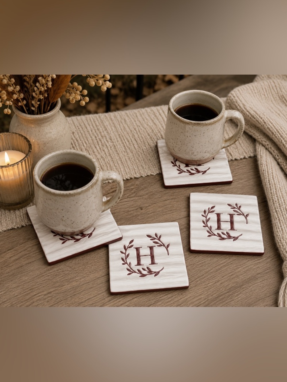 H Monogram Ceramic Coaster Set Farmhouse Decor